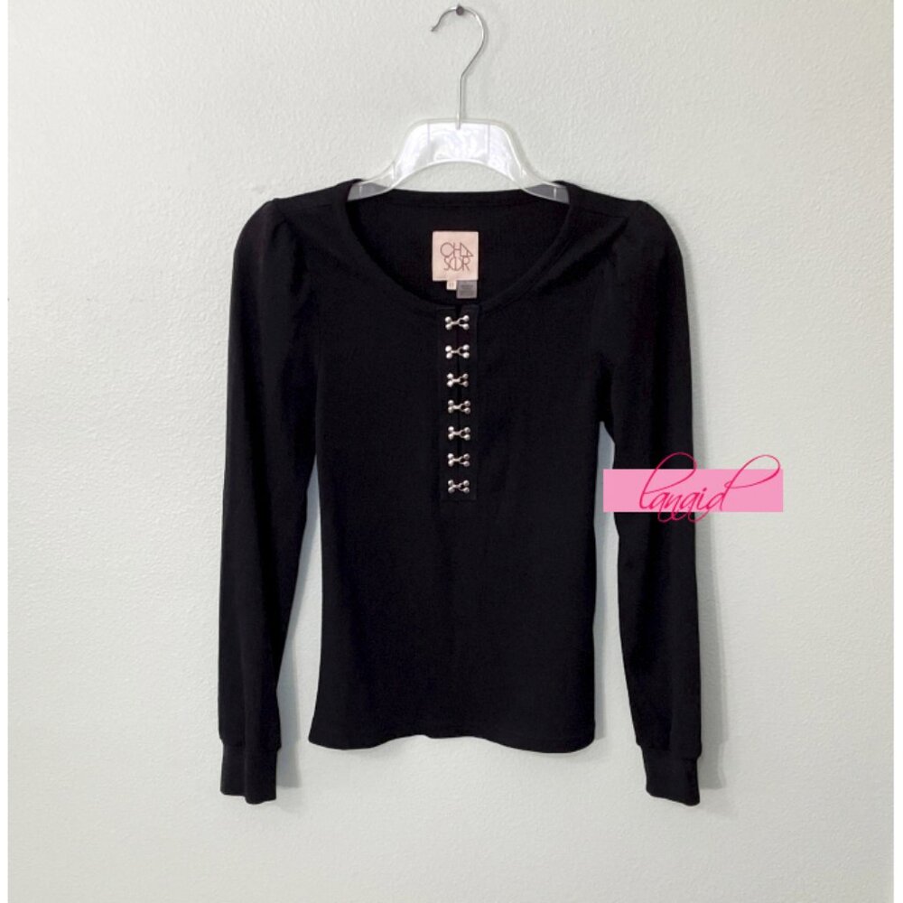 Chaser Black Hook & Eye V-Neck Ribbed Long Puff Sleeve Stretchy Edgy Gothic Top